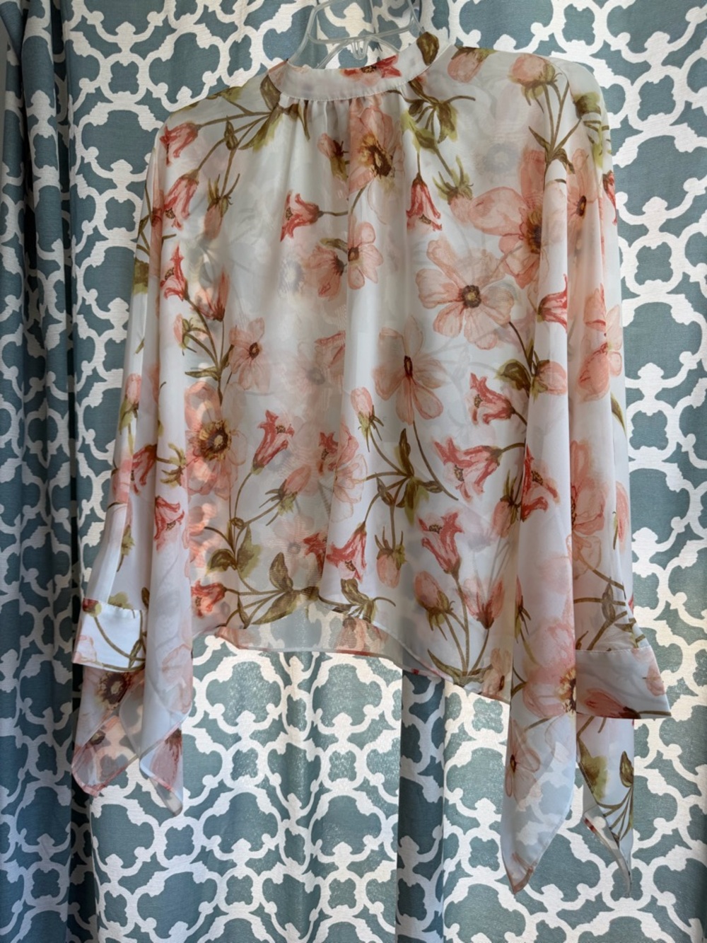 Joie Sheer Floral High-Neck Blouse in Pale Pink and Olive NEW WITH TAGS